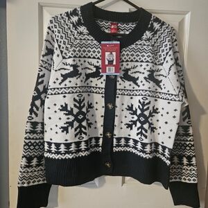 Festive Navy and White Cardigan Sweater Large